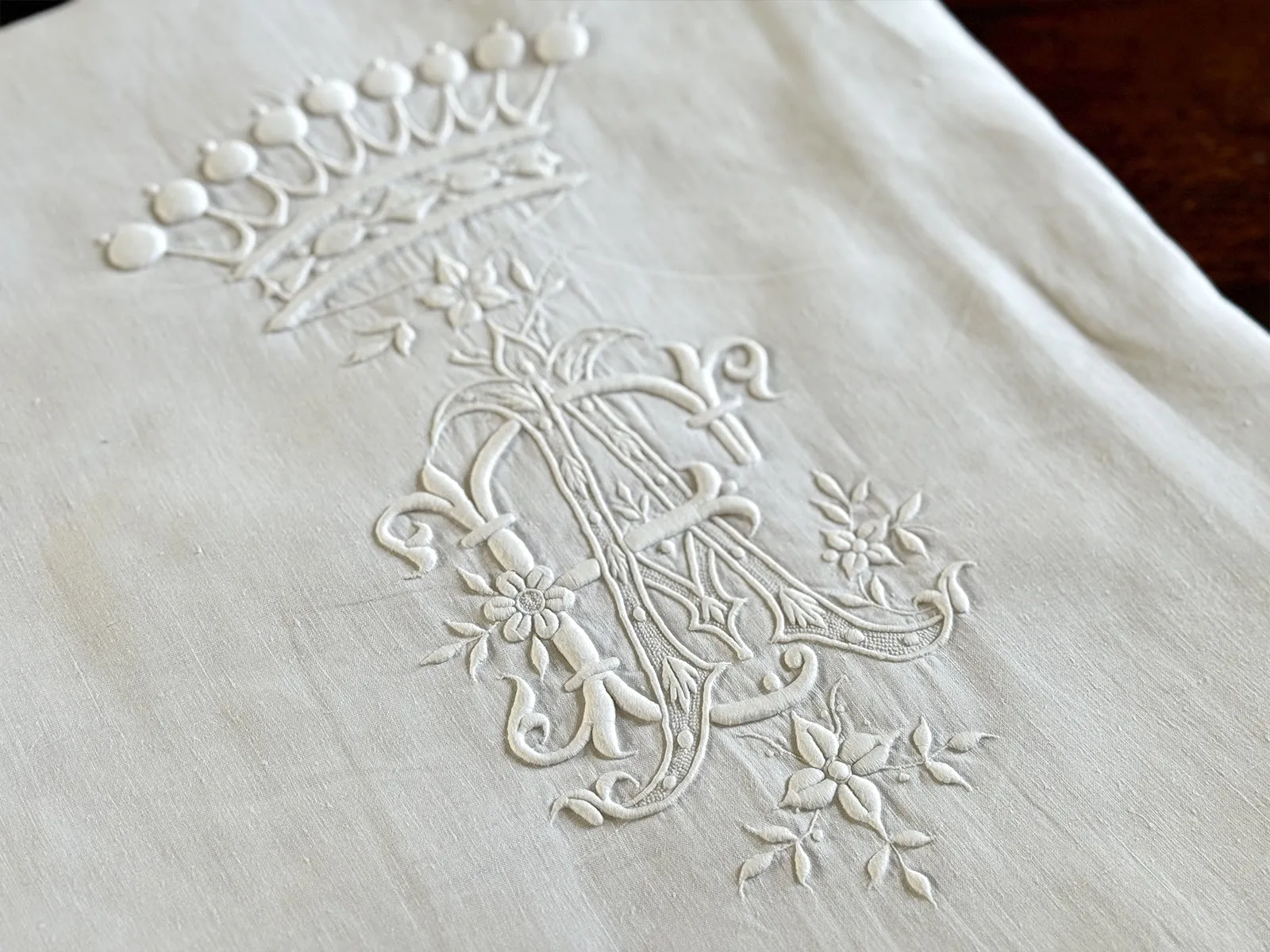 Rare Antique French Linen Sheet with Crown Monogram AE/EA