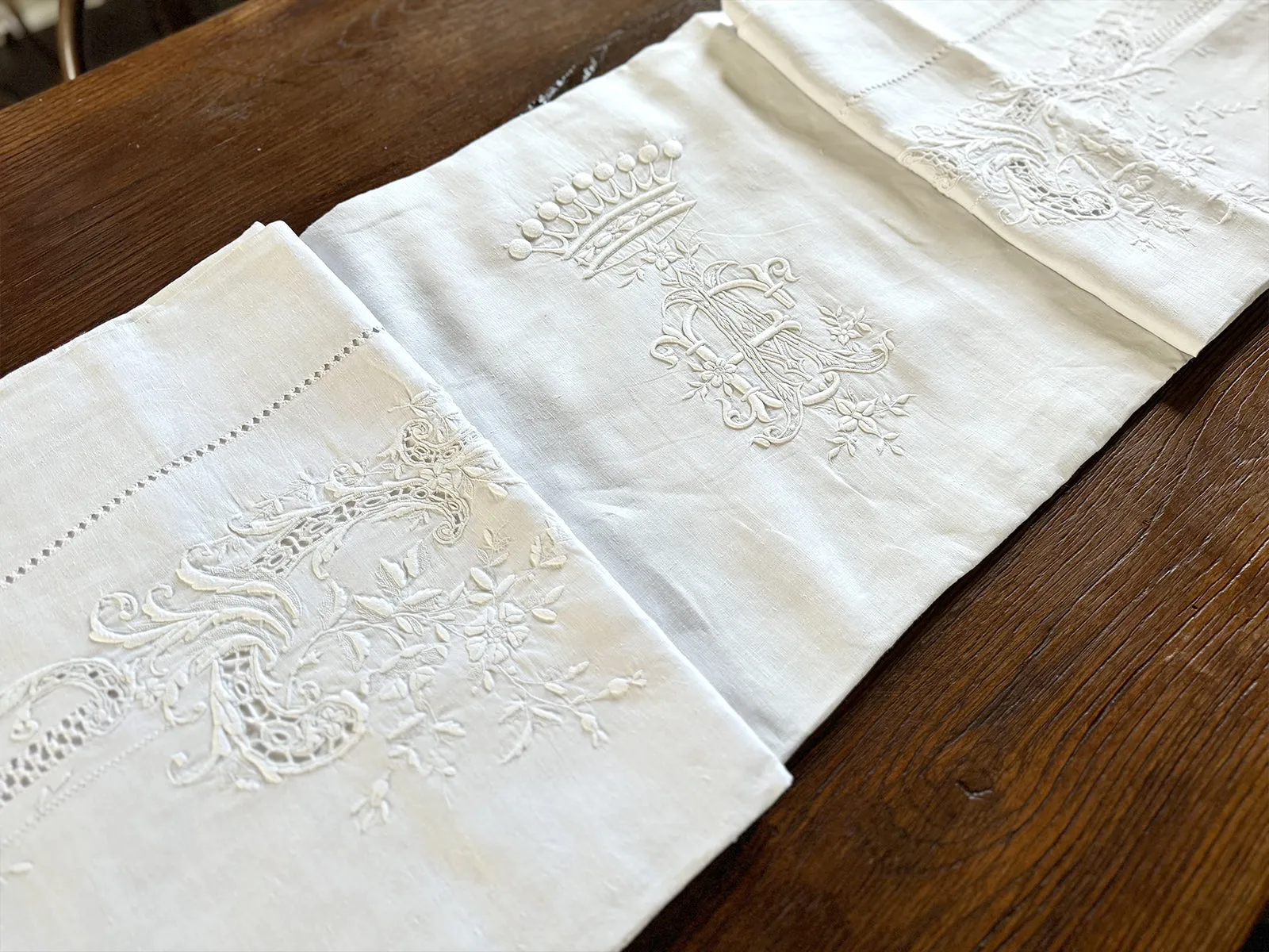 Rare Antique French Linen Sheet with Crown Monogram AE/EA
