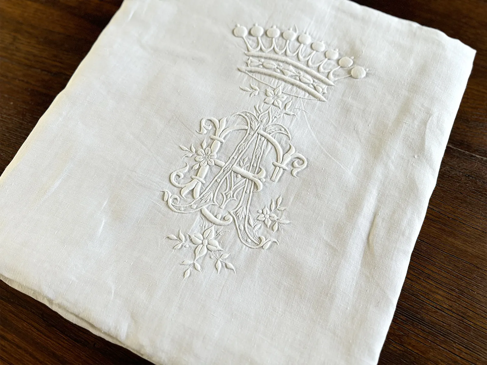Rare Antique French Linen Sheet with Crown Monogram AE/EA