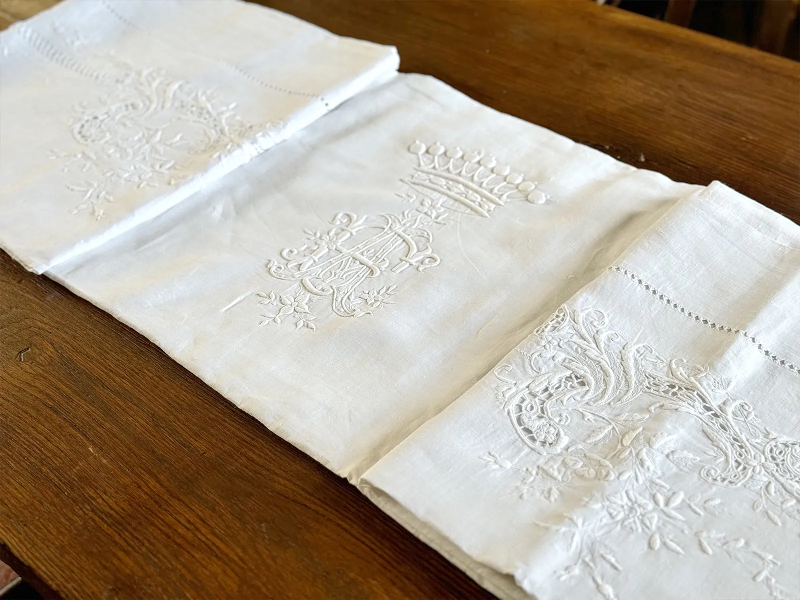 Rare Antique French Linen Sheet with Crown Monogram AE/EA