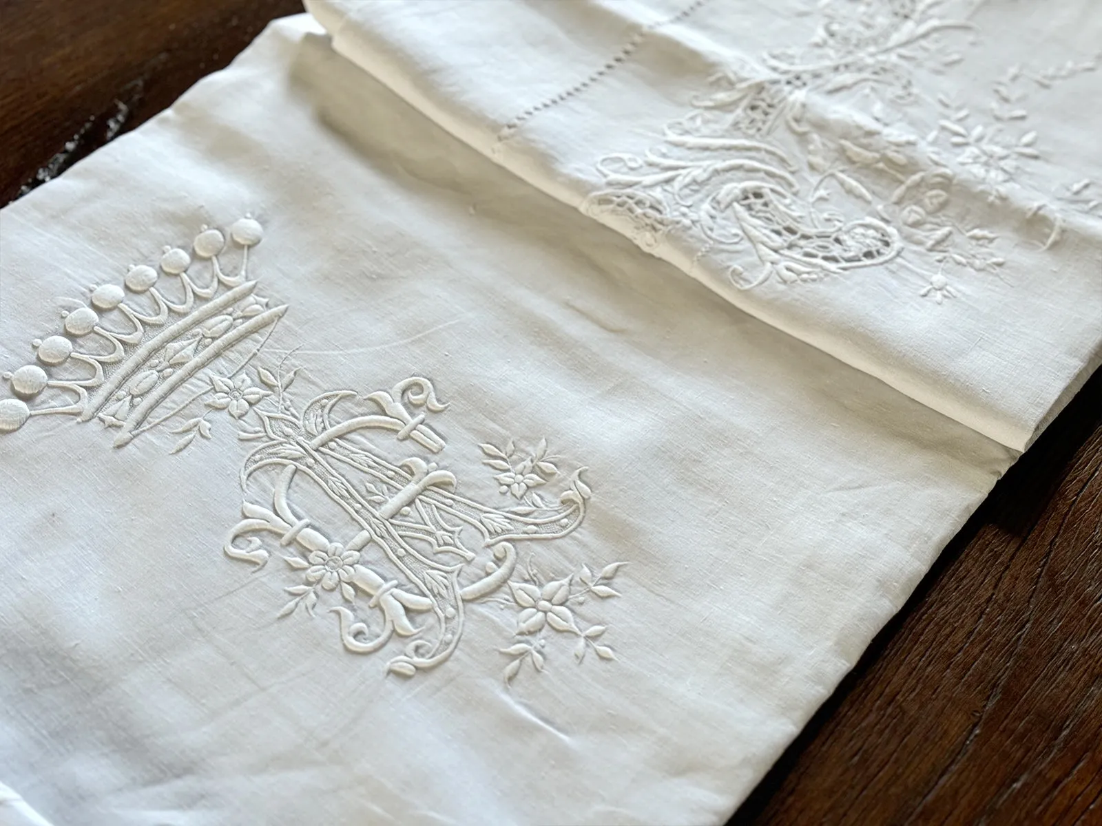 Rare Antique French Linen Sheet with Crown Monogram AE/EA