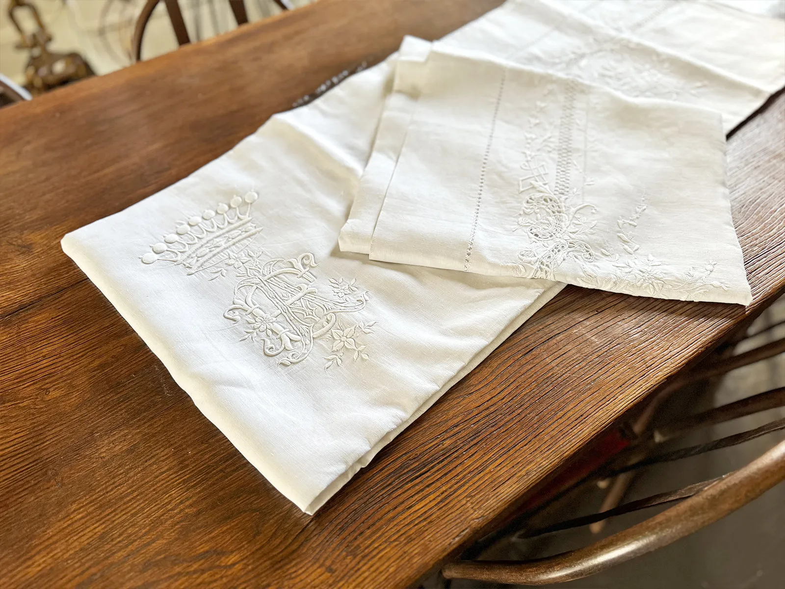 Rare Antique French Linen Sheet with Crown Monogram AE/EA