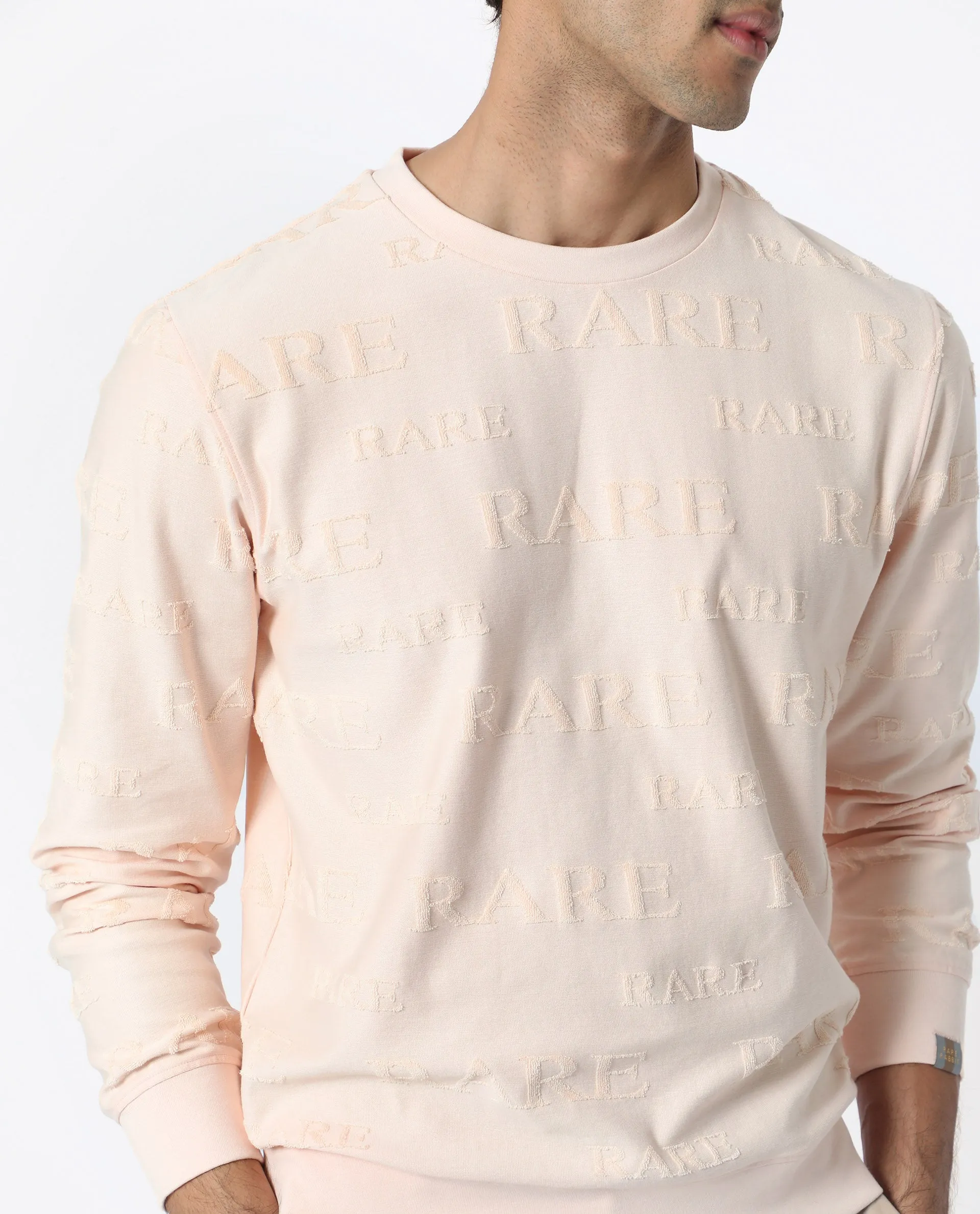 Rare Rabbit Men's Malaga Peach Cotton Fabric Full Sleeves Rare Towel Embroidery Print Sweatshirt