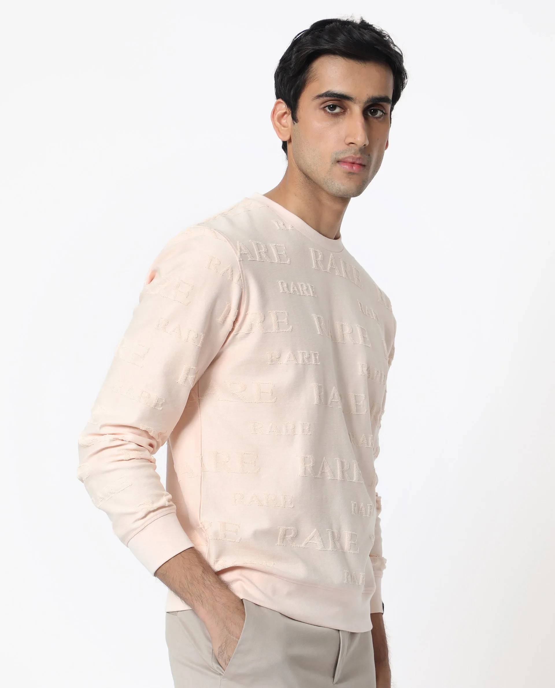 Rare Rabbit Men's Malaga Peach Cotton Fabric Full Sleeves Rare Towel Embroidery Print Sweatshirt