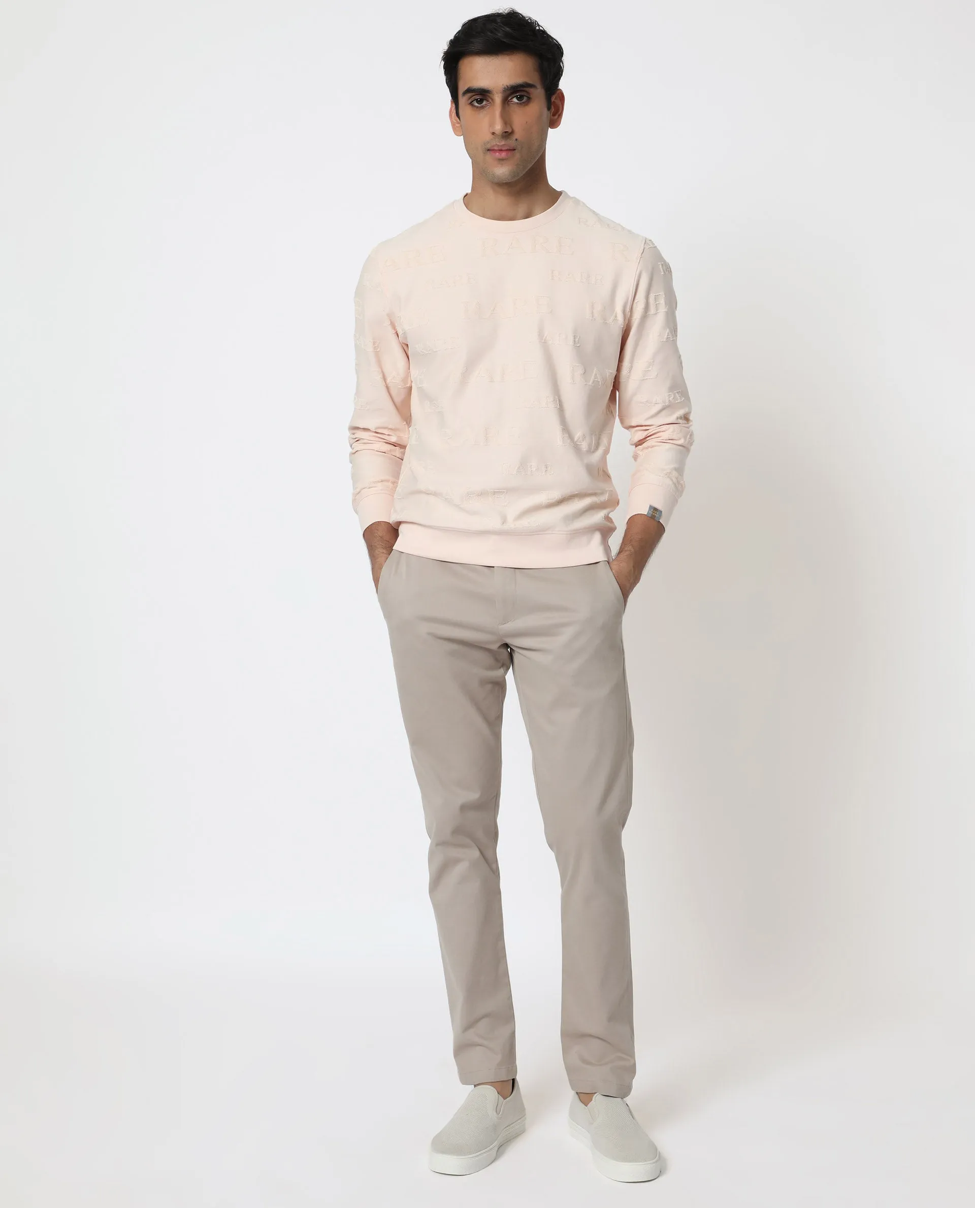 Rare Rabbit Men's Malaga Peach Cotton Fabric Full Sleeves Rare Towel Embroidery Print Sweatshirt