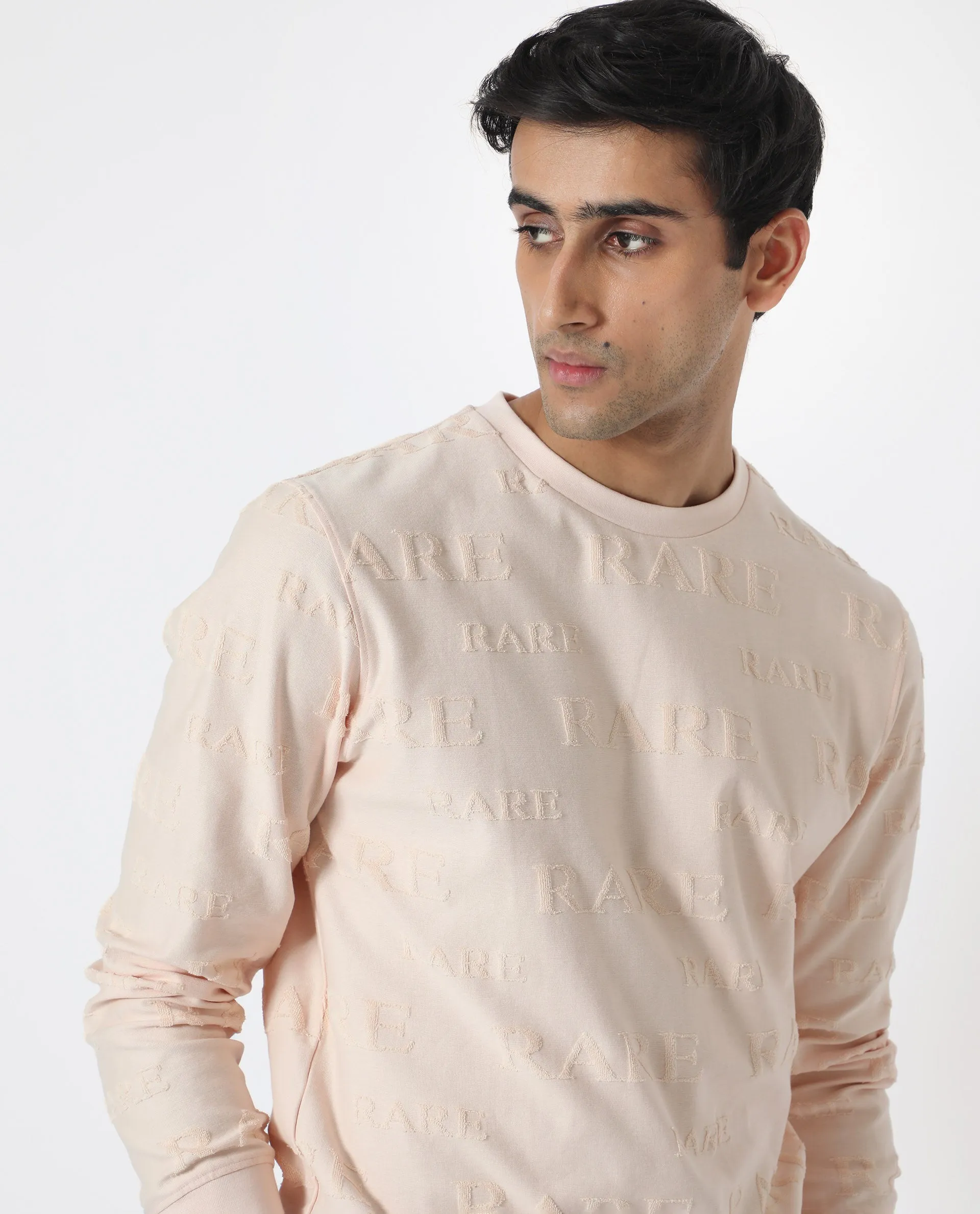 Rare Rabbit Men's Malaga Peach Cotton Fabric Full Sleeves Rare Towel Embroidery Print Sweatshirt