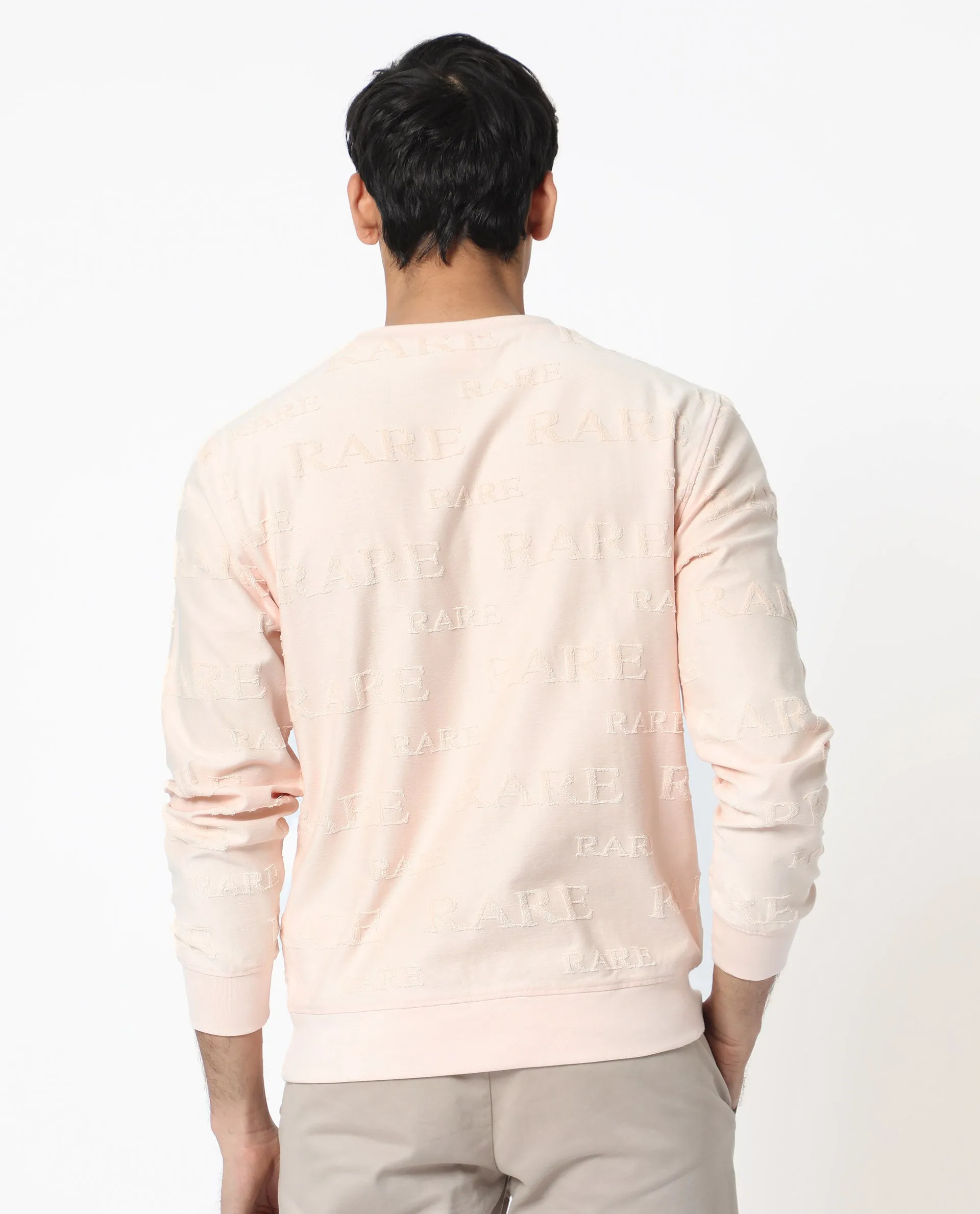 Rare Rabbit Men's Malaga Peach Cotton Fabric Full Sleeves Rare Towel Embroidery Print Sweatshirt