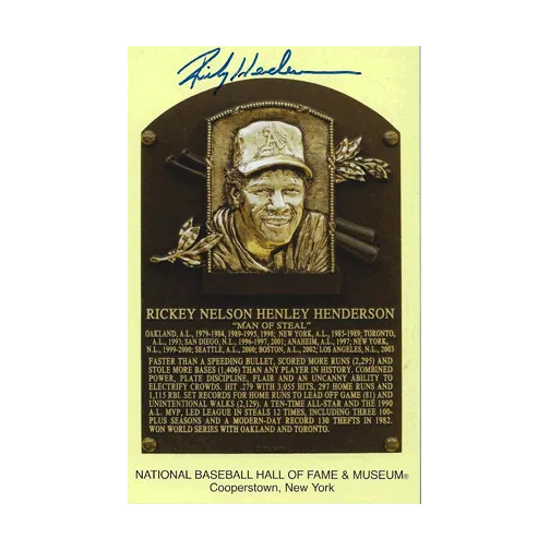 Rickey Henderson Autographed Baseball Hall Of Fame Postcard (JSA)
