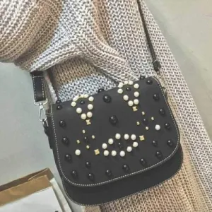 Rivets Bead Magnetic Closure Crossbody Bag - Black