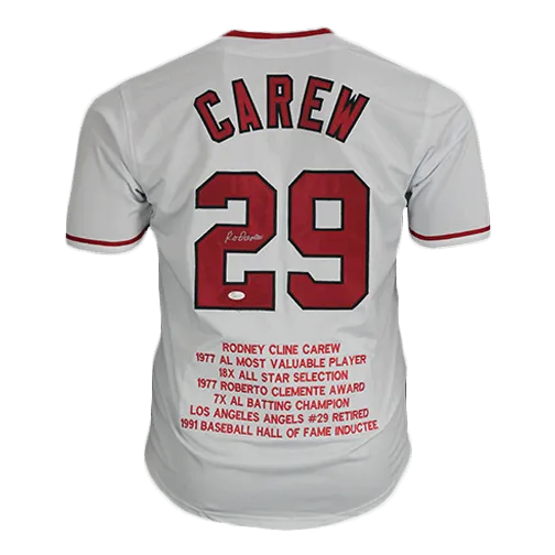 Rod Carew Autographed LA Throwback White Baseball STAT Jersey (JSA)