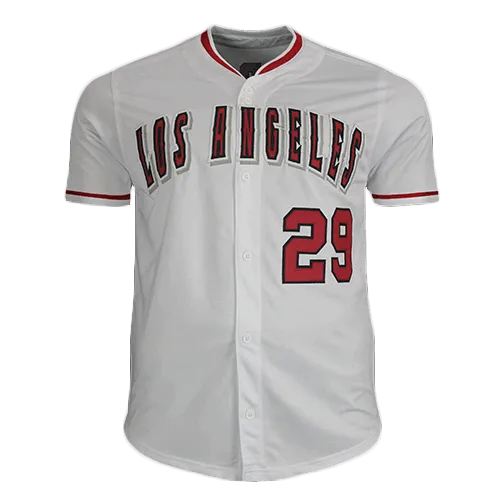 Rod Carew Autographed LA Throwback White Baseball STAT Jersey (JSA)