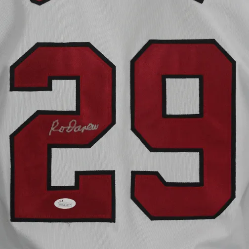 Rod Carew Autographed LA Throwback White Baseball STAT Jersey (JSA)
