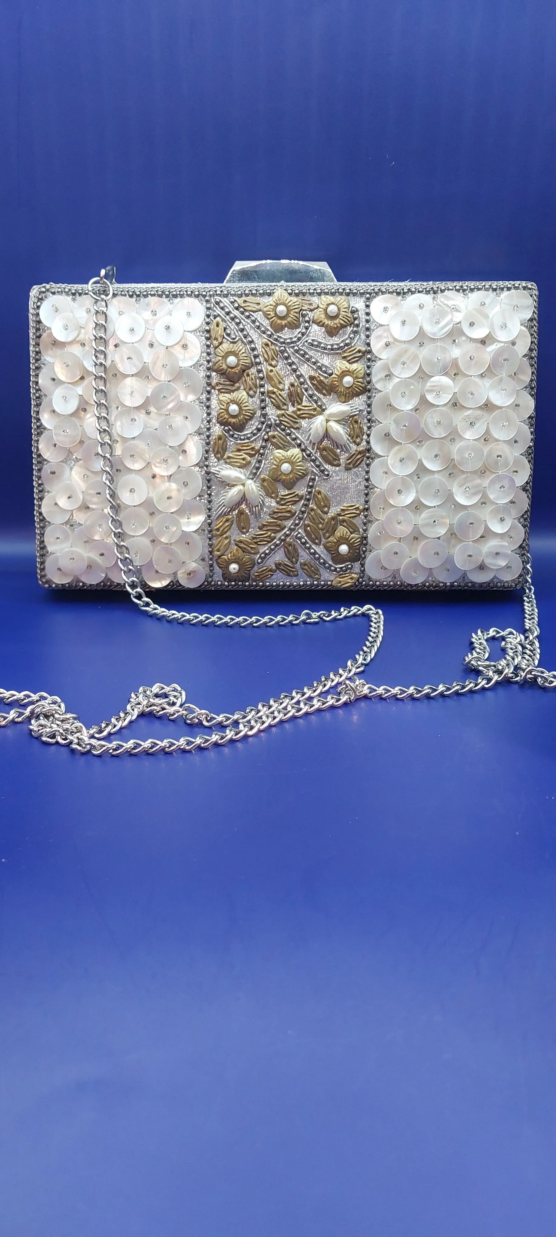 Shannie White Mother-of-Pearl Purse with a Silver Chain