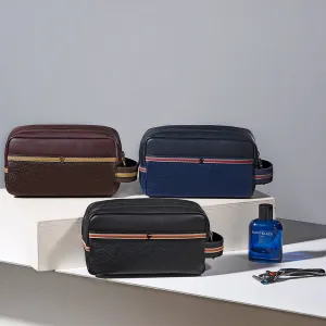 Shaving Kit with Double Zipper Leather Toiletry Bag | Premium Grooming Essentials & Travel Organizer for Men | Makeup Storage for Men | Color: Black, Blue, Brown