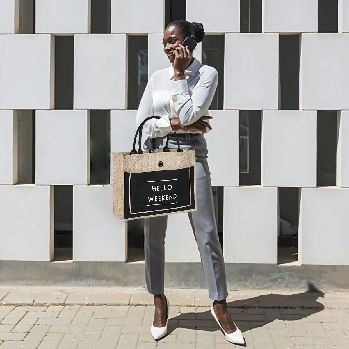 Simple Black Hello Weekend Print Tote Bag