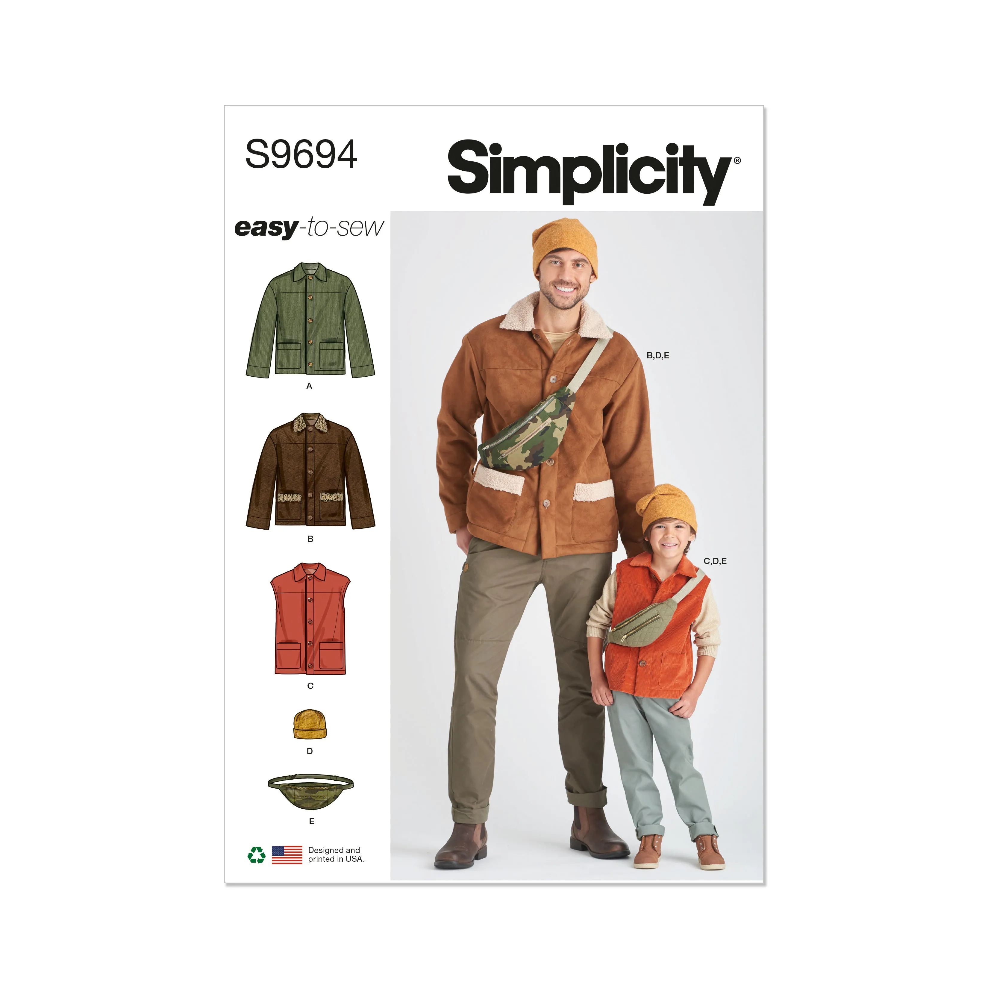 Simplicity pattern 9694 Boys' and Men's Jacket, Vest, Hat and Bag