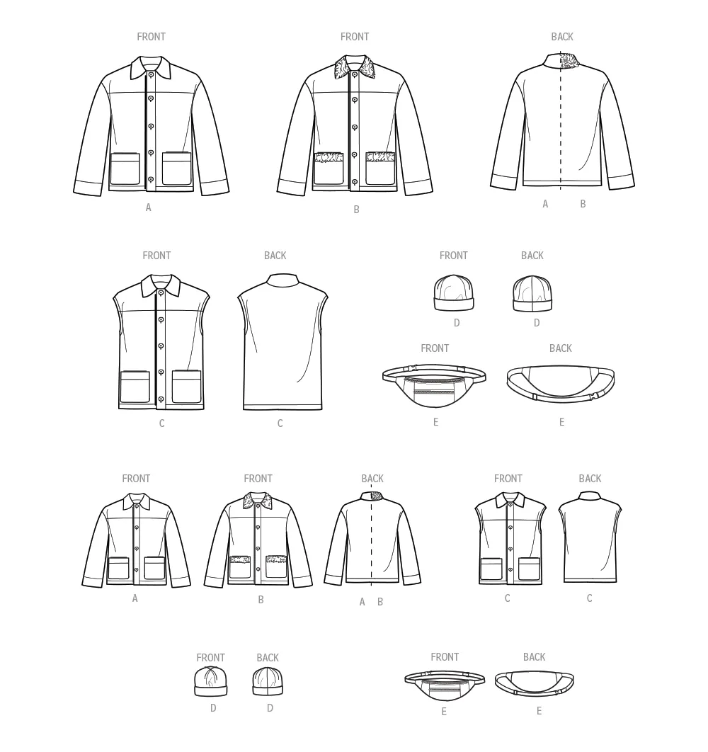 Simplicity pattern 9694 Boys' and Men's Jacket, Vest, Hat and Bag