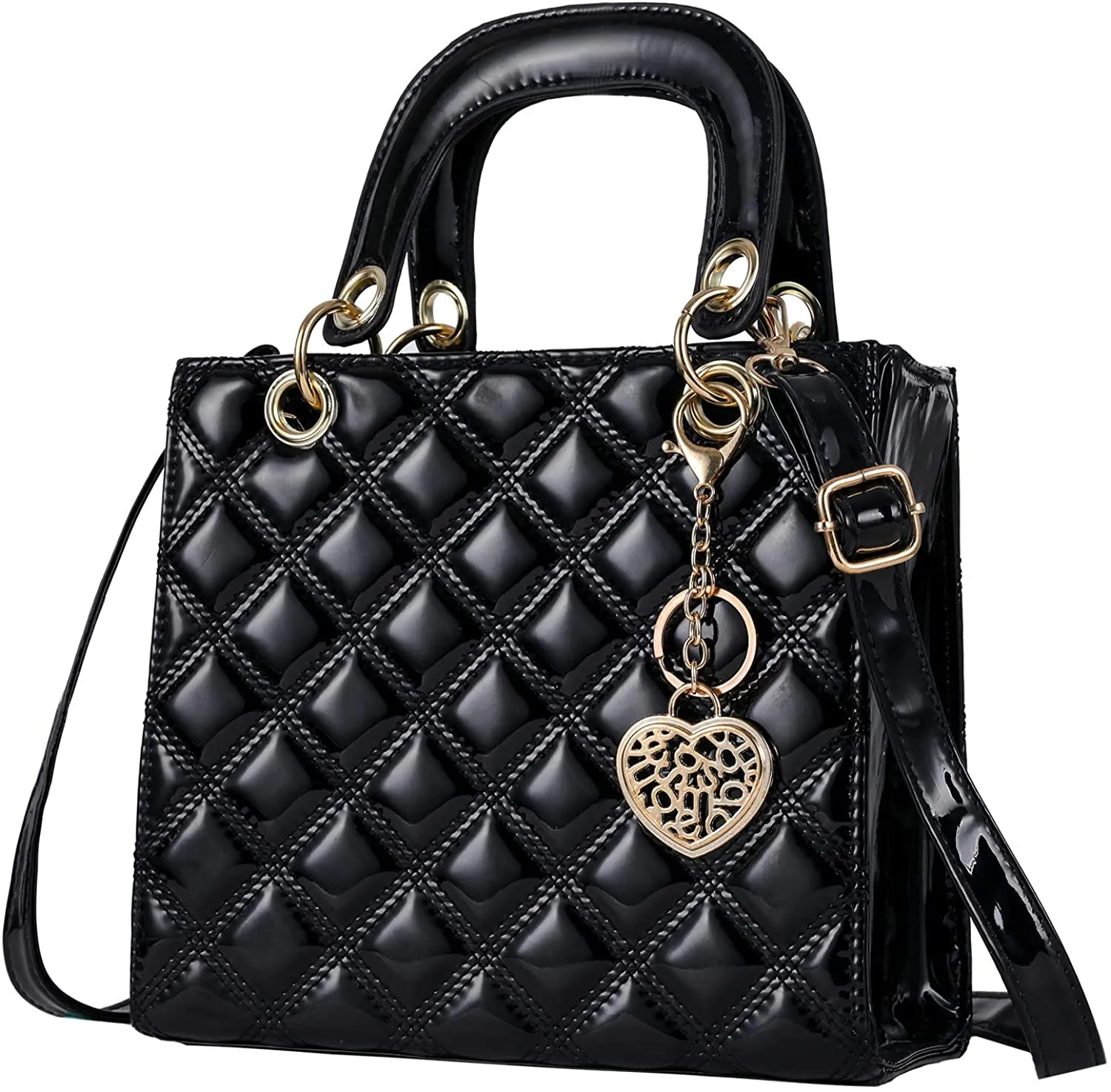 Small Black Pu Patent Leather Ladies Chain Top Handle Satchel Handbag