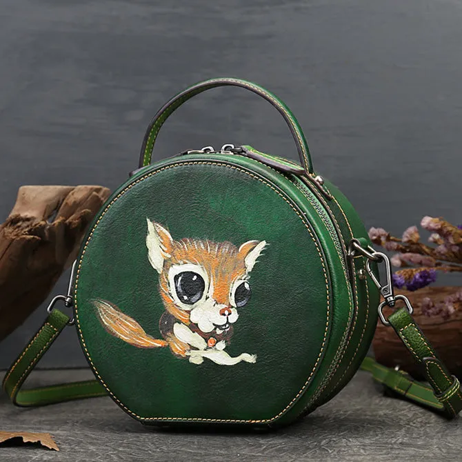 Small Womens Squirrel Pattern Round Leather Bag Shoulder Handbags For Women