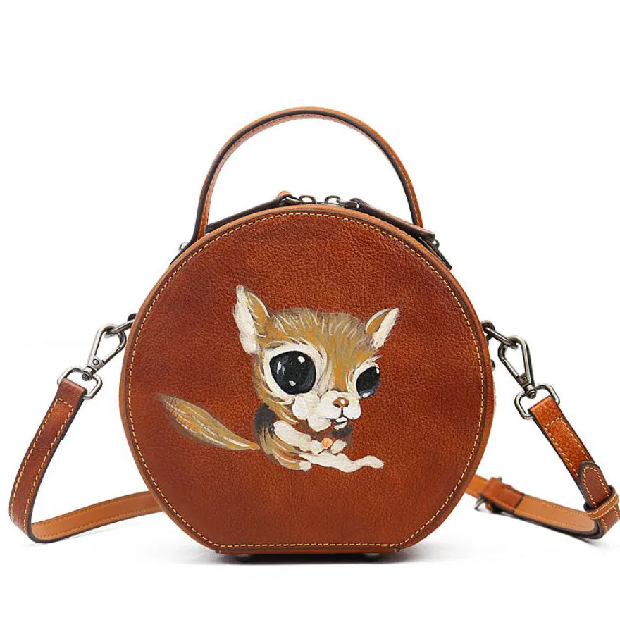 Small Womens Squirrel Pattern Round Leather Bag Shoulder Handbags For Women
