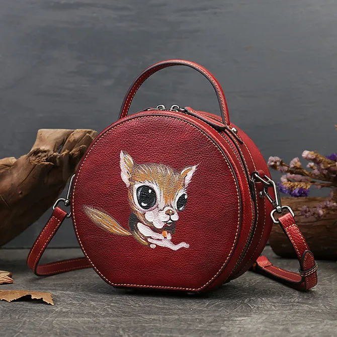 Small Womens Squirrel Pattern Round Leather Bag Shoulder Handbags For Women