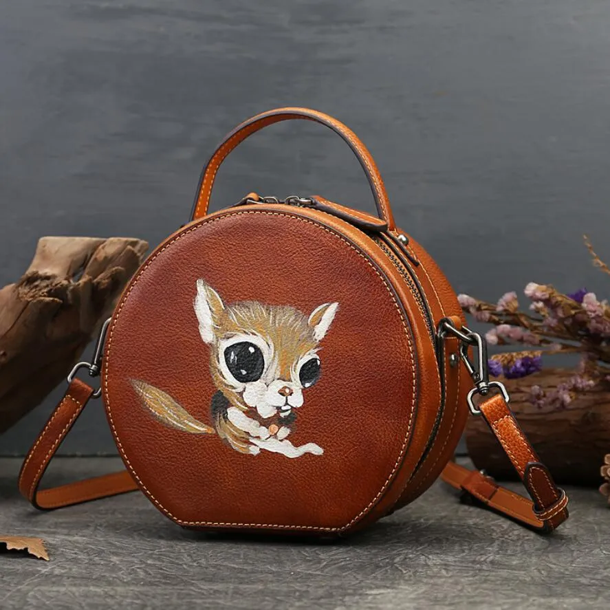 Small Womens Squirrel Pattern Round Leather Bag Shoulder Handbags For Women