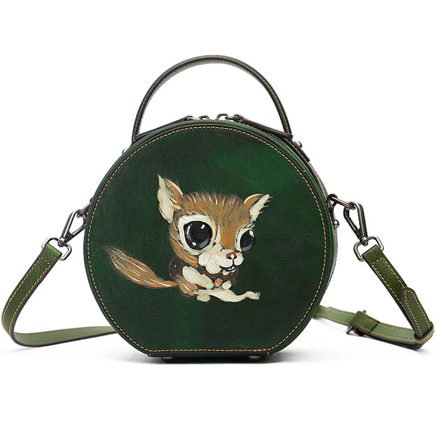 Small Womens Squirrel Pattern Round Leather Bag Shoulder Handbags For Women