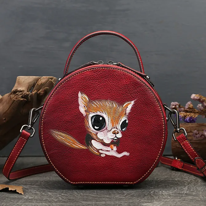 Small Womens Squirrel Pattern Round Leather Bag Shoulder Handbags For Women