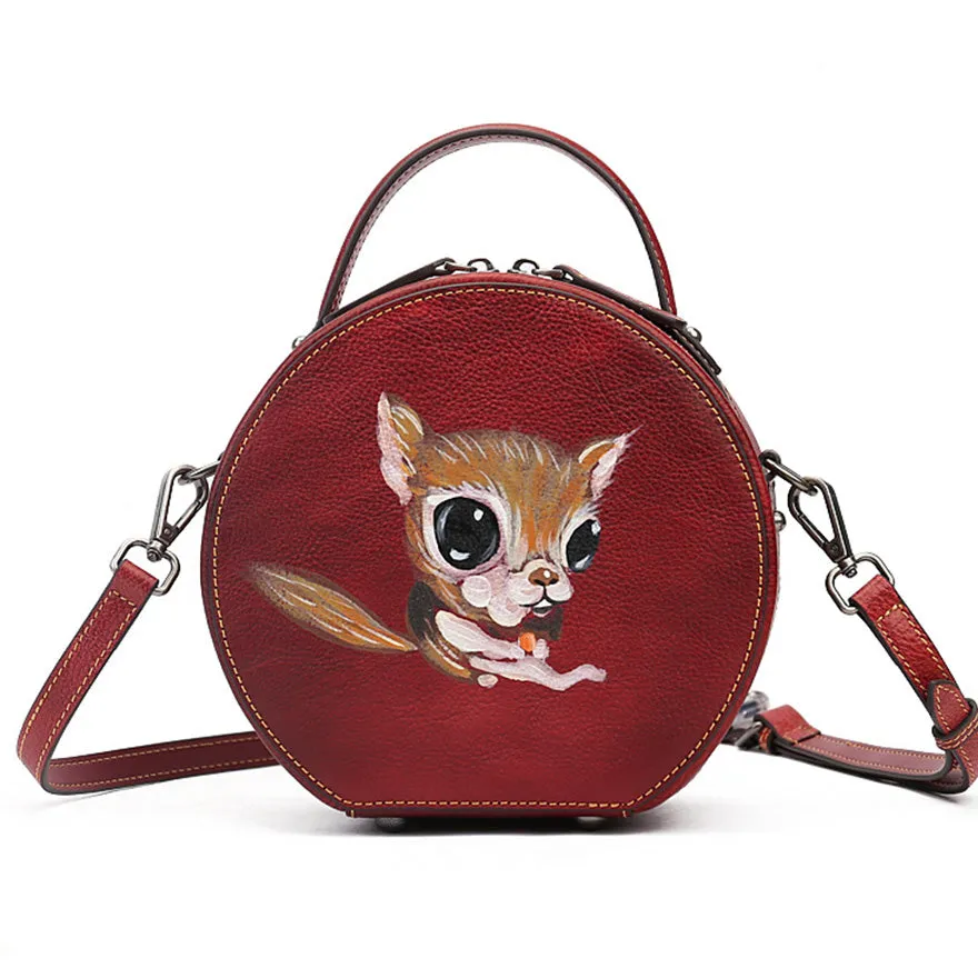 Small Womens Squirrel Pattern Round Leather Bag Shoulder Handbags For Women