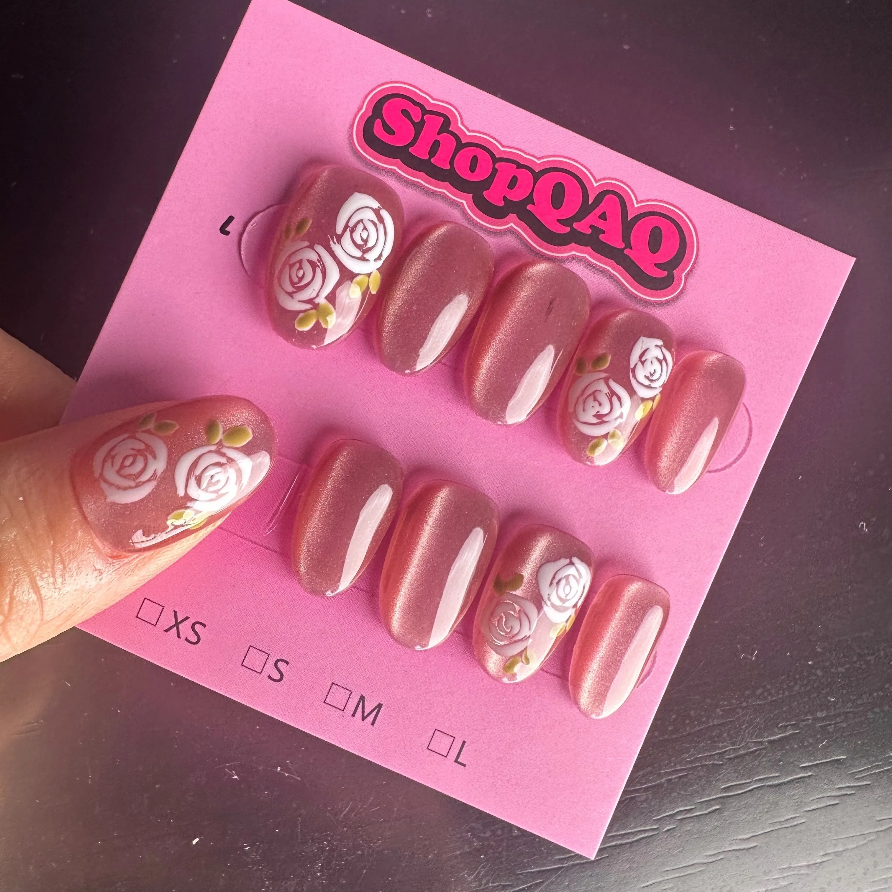 Spring Rose" Hand-Painted Cat Eye Press-On Nails