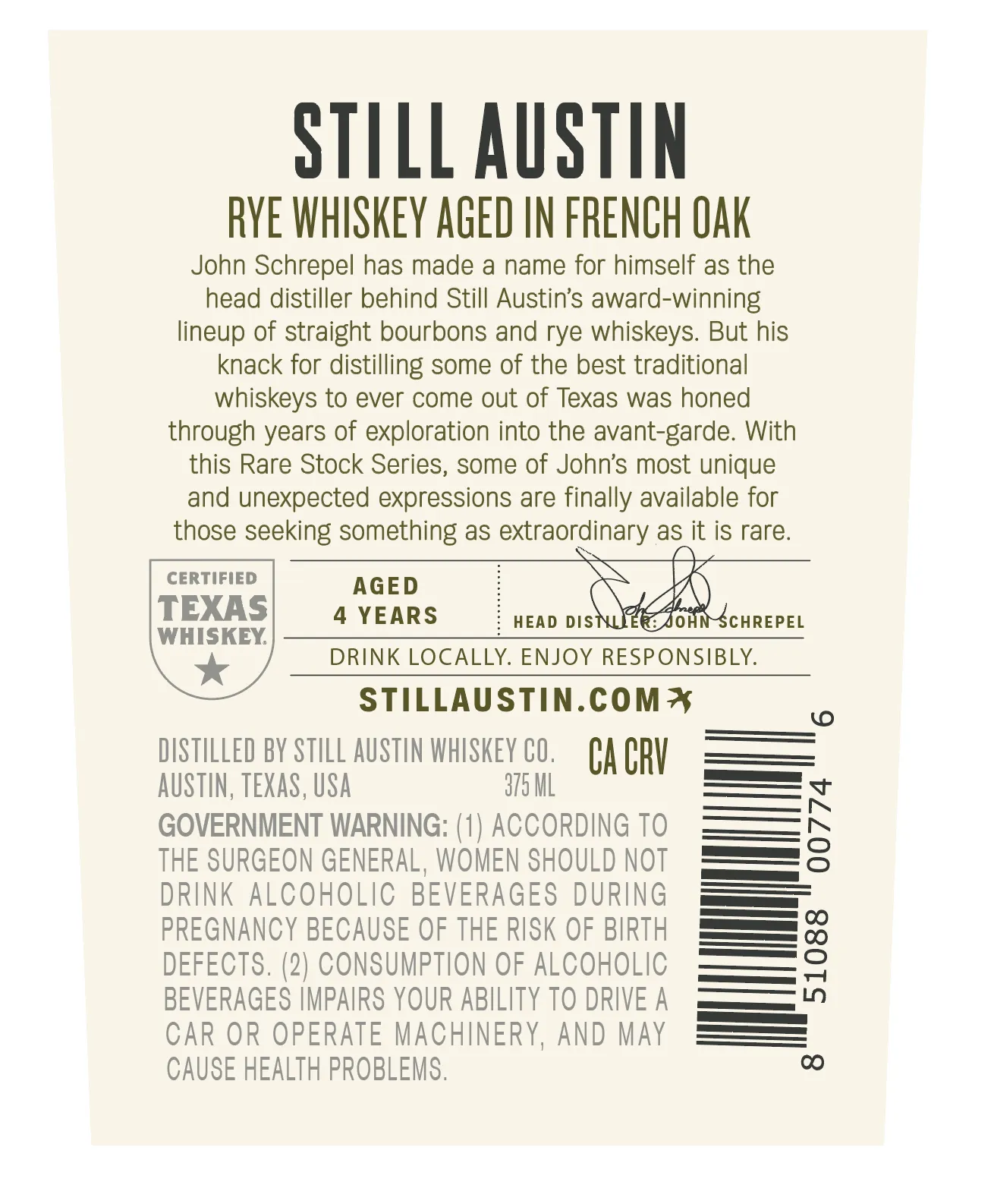 Still Austin Rare Stock Rye Whiskey Aged 4 Years in French Oak 375ml