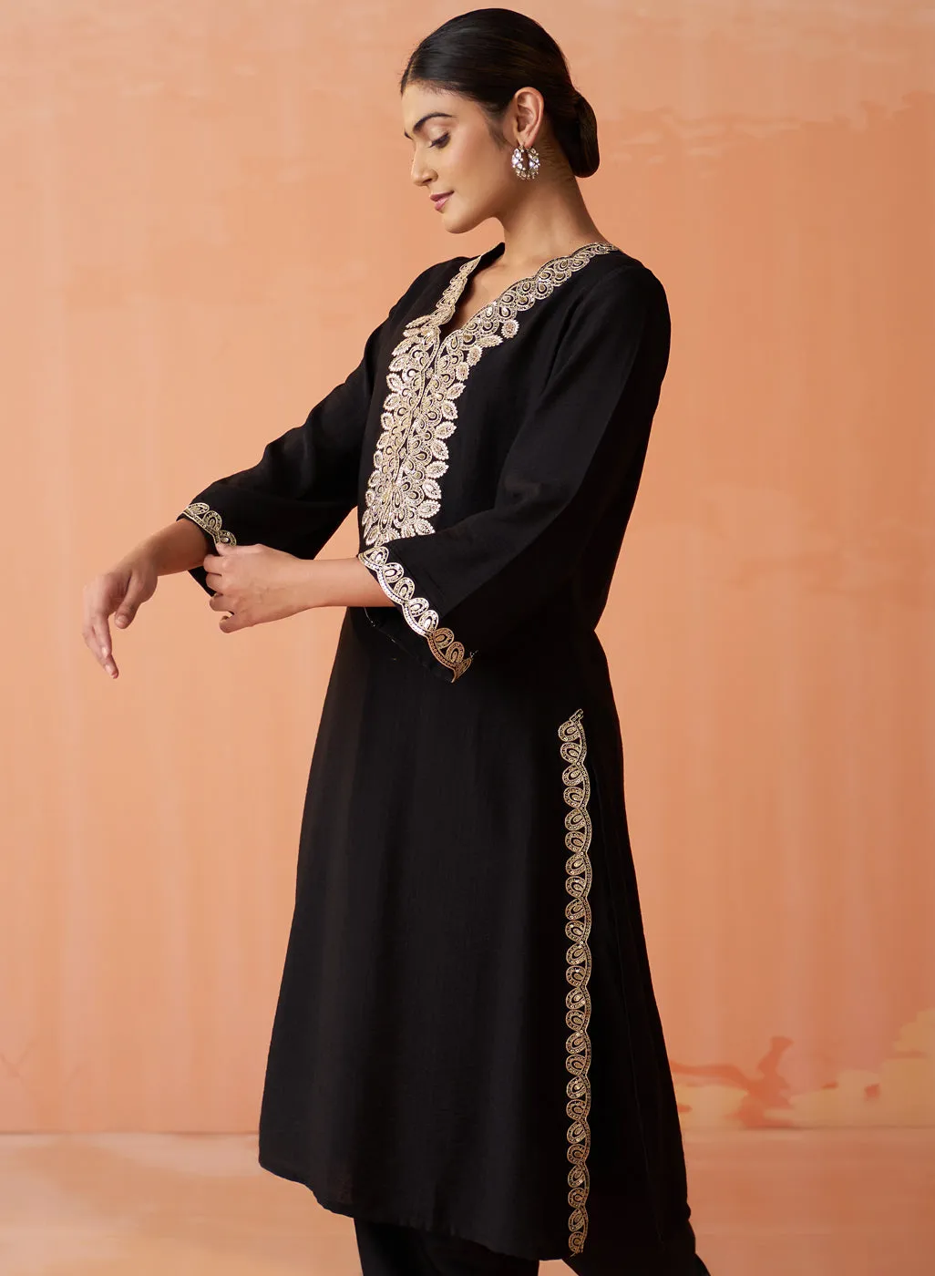 Surveen Black Embroidered Rayon Long Kurta Set for Women