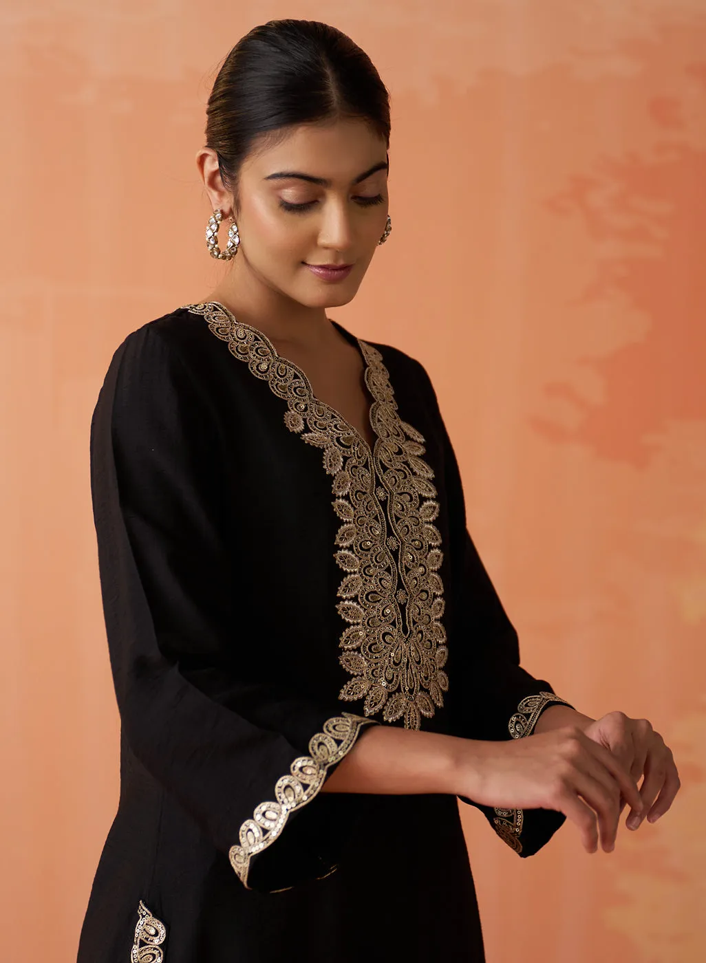 Surveen Black Embroidered Rayon Long Kurta Set for Women