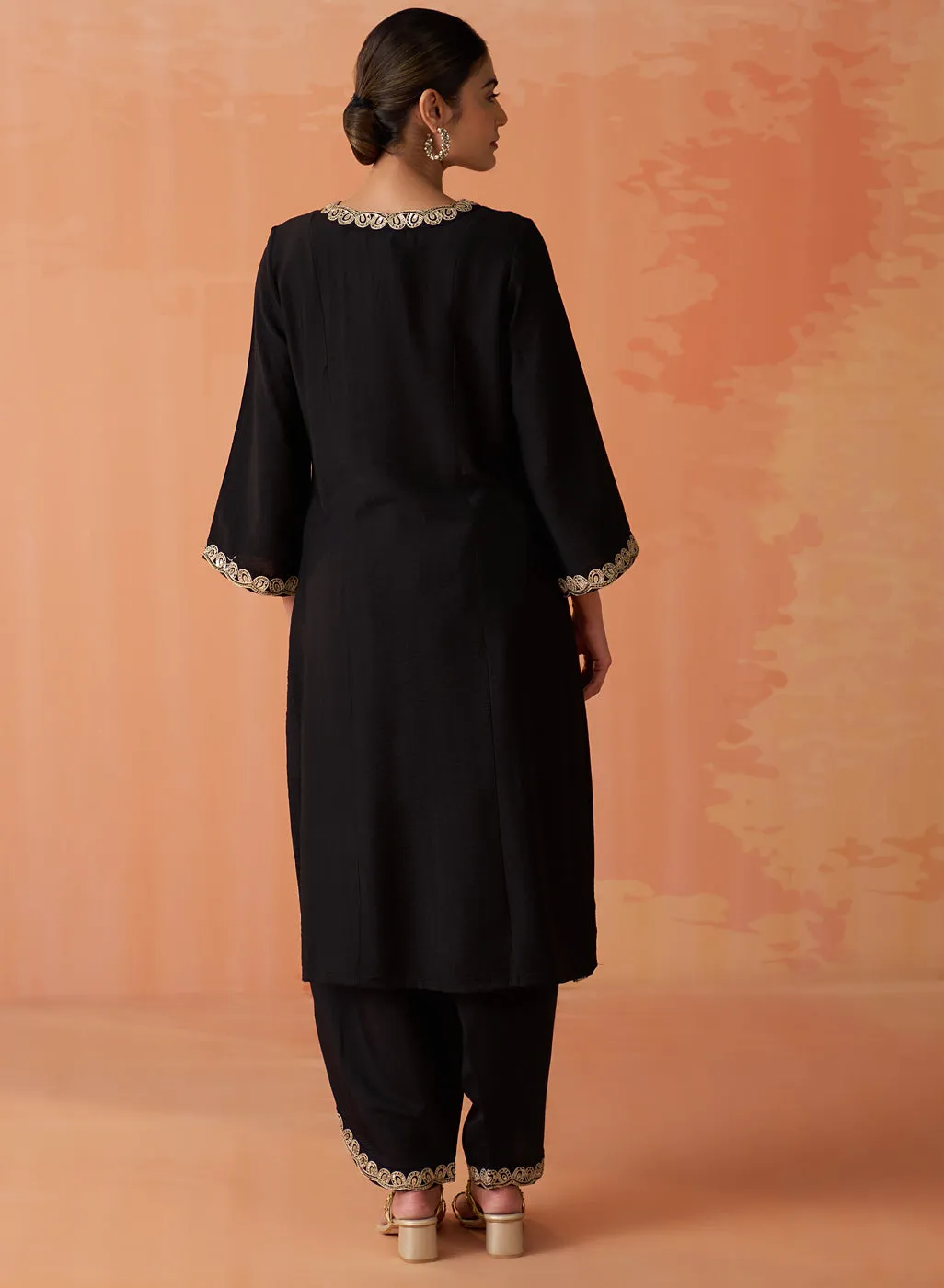 Surveen Black Embroidered Rayon Long Kurta Set for Women