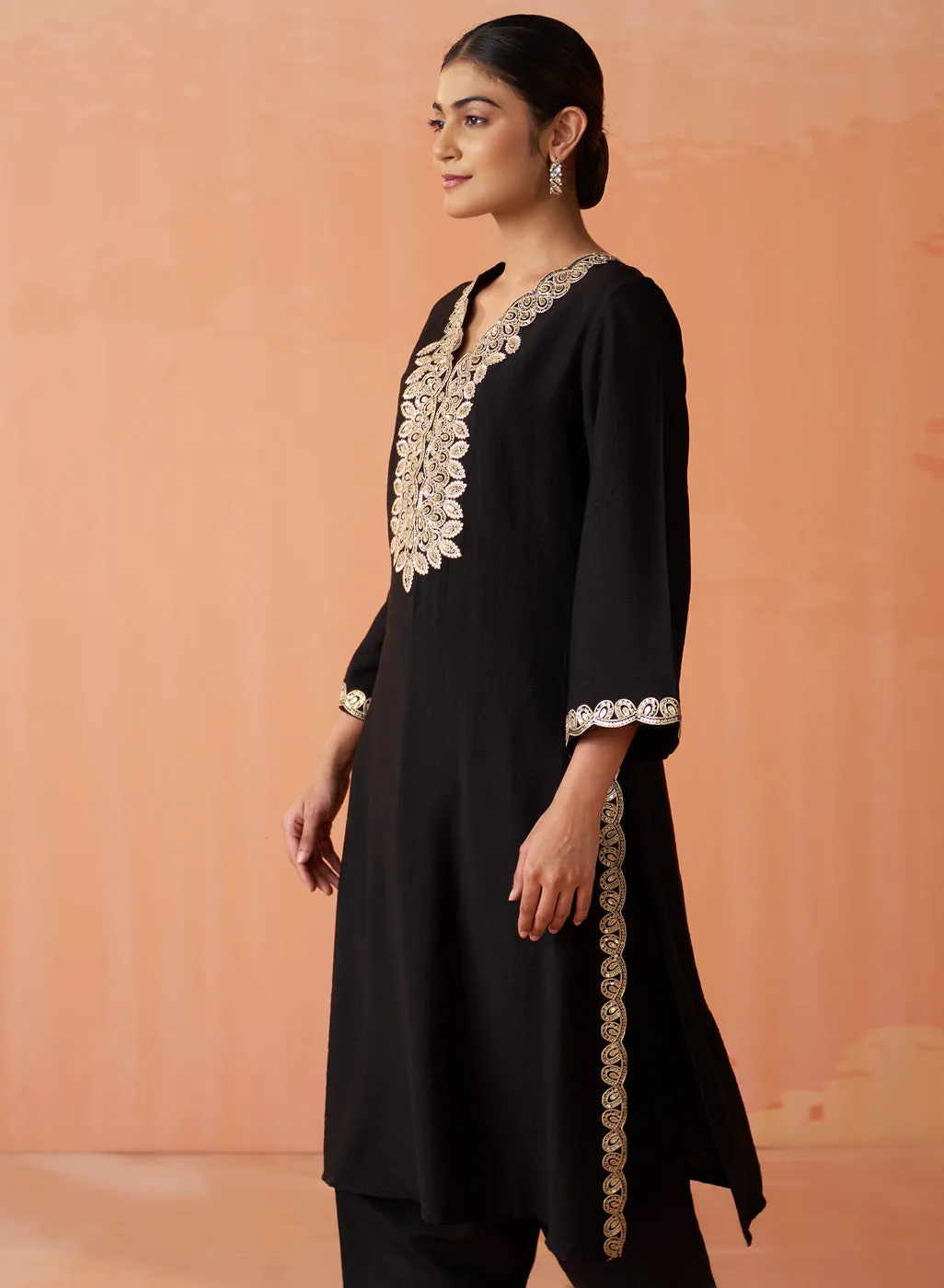 Surveen Black Embroidered Rayon Long Kurta Set for Women