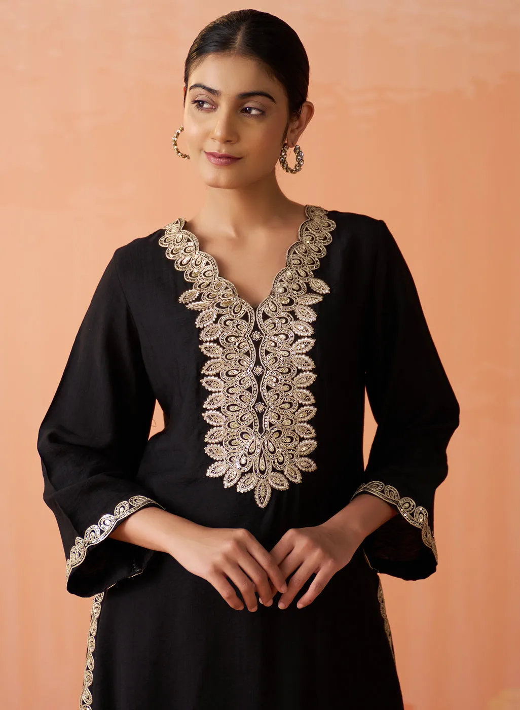 Surveen Black Embroidered Rayon Long Kurta Set for Women
