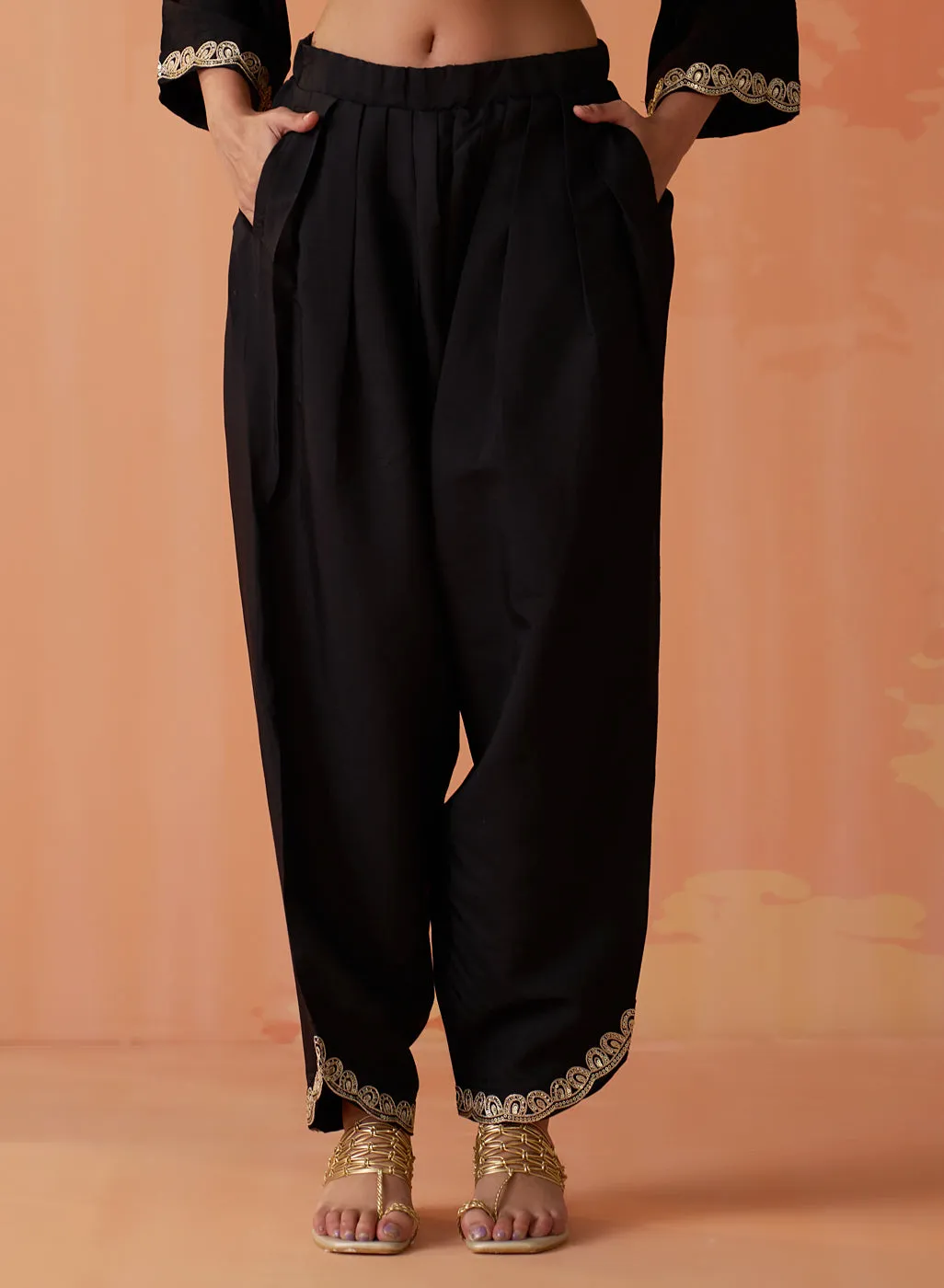 Surveen Black Embroidered Rayon Long Kurta Set for Women