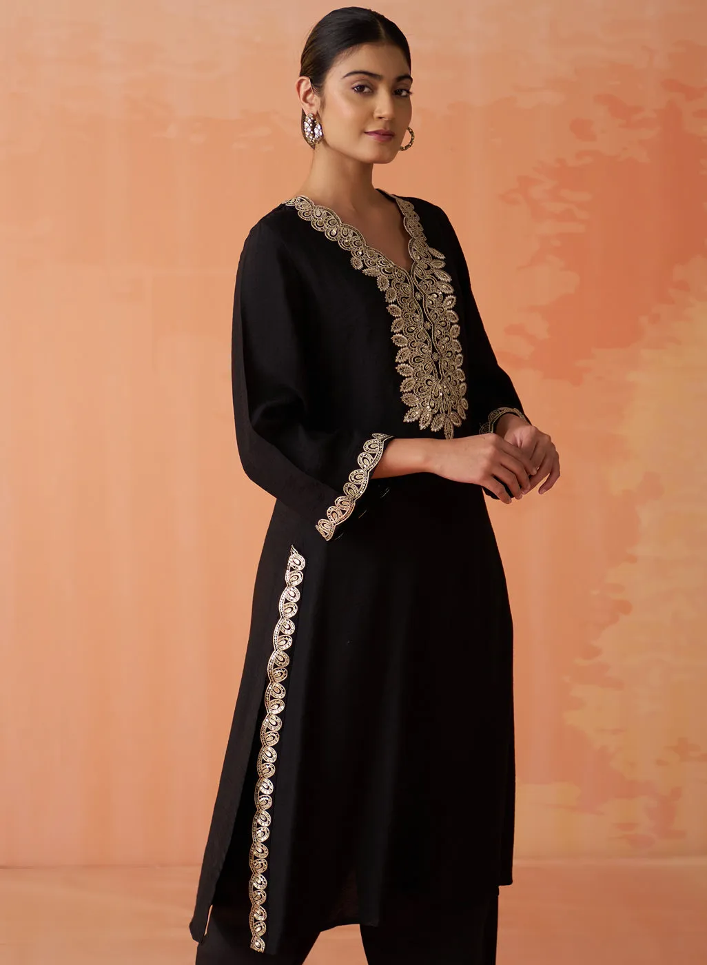 Surveen Black Embroidered Rayon Long Kurta Set for Women
