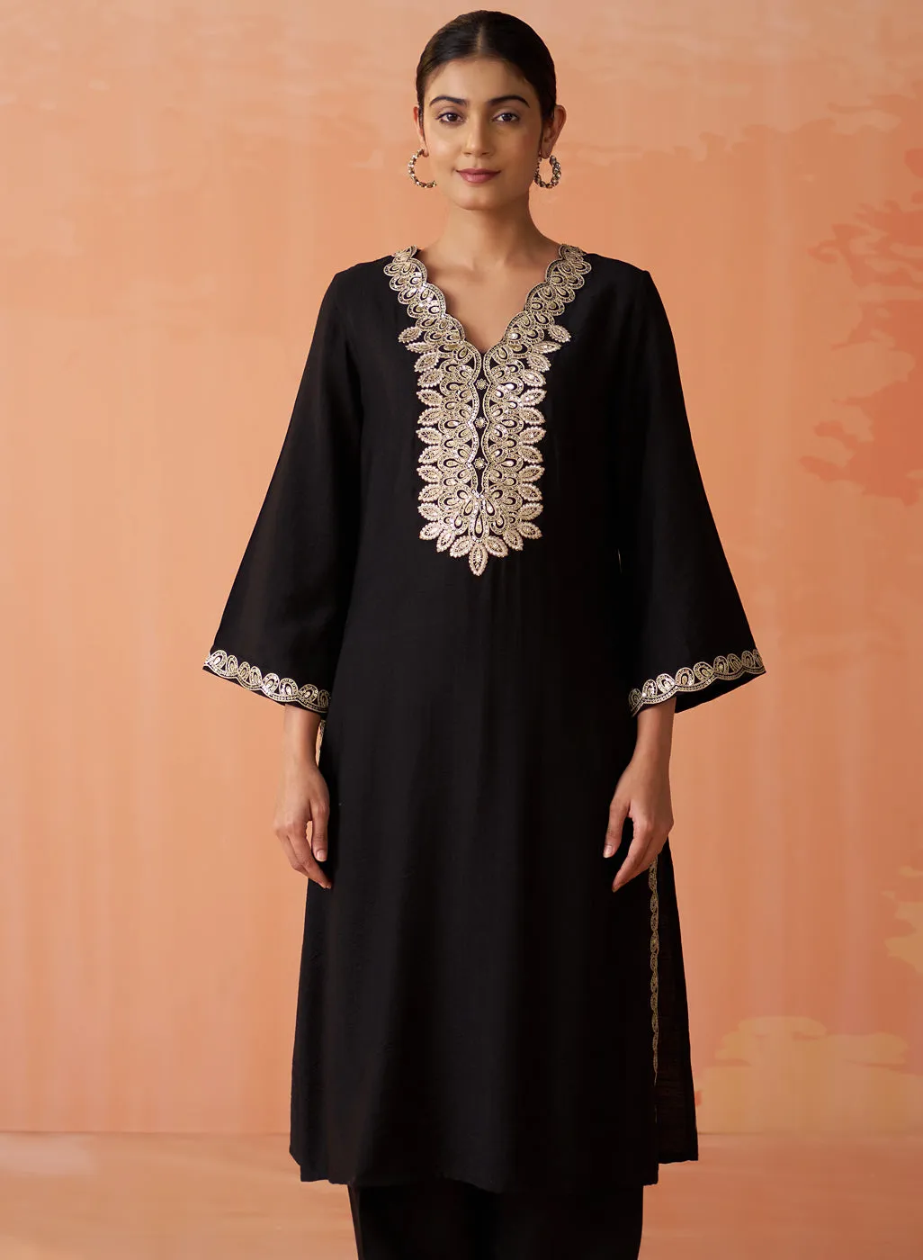 Surveen Black Embroidered Rayon Long Kurta Set for Women