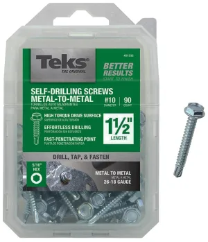 Teks 21332 Screw, #10 Thread, 1-1/2 in L, Coarse Thread, Hex Drive, Self-Drilling, Self-Tapping Point, Steel, Zinc :PK 90: QUANTITY: 1