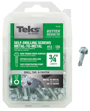 Teks 21336 Screw, #12 Thread, 3/4 in L, Coarse Thread, Hex Drive, Self-Drilling, Self-Tapping Point, Steel, Zinc, 120 PK :PK120: QUANTITY: 1