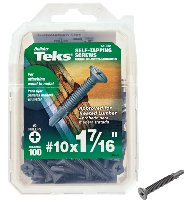 Teks 21380 Screw, #10 Thread, 1-7/16 in L, Coarse Thread, Flat Head, Phillips Drive, Self-Drilling, Self-Tapping Point :PK100: QUANTITY: 1