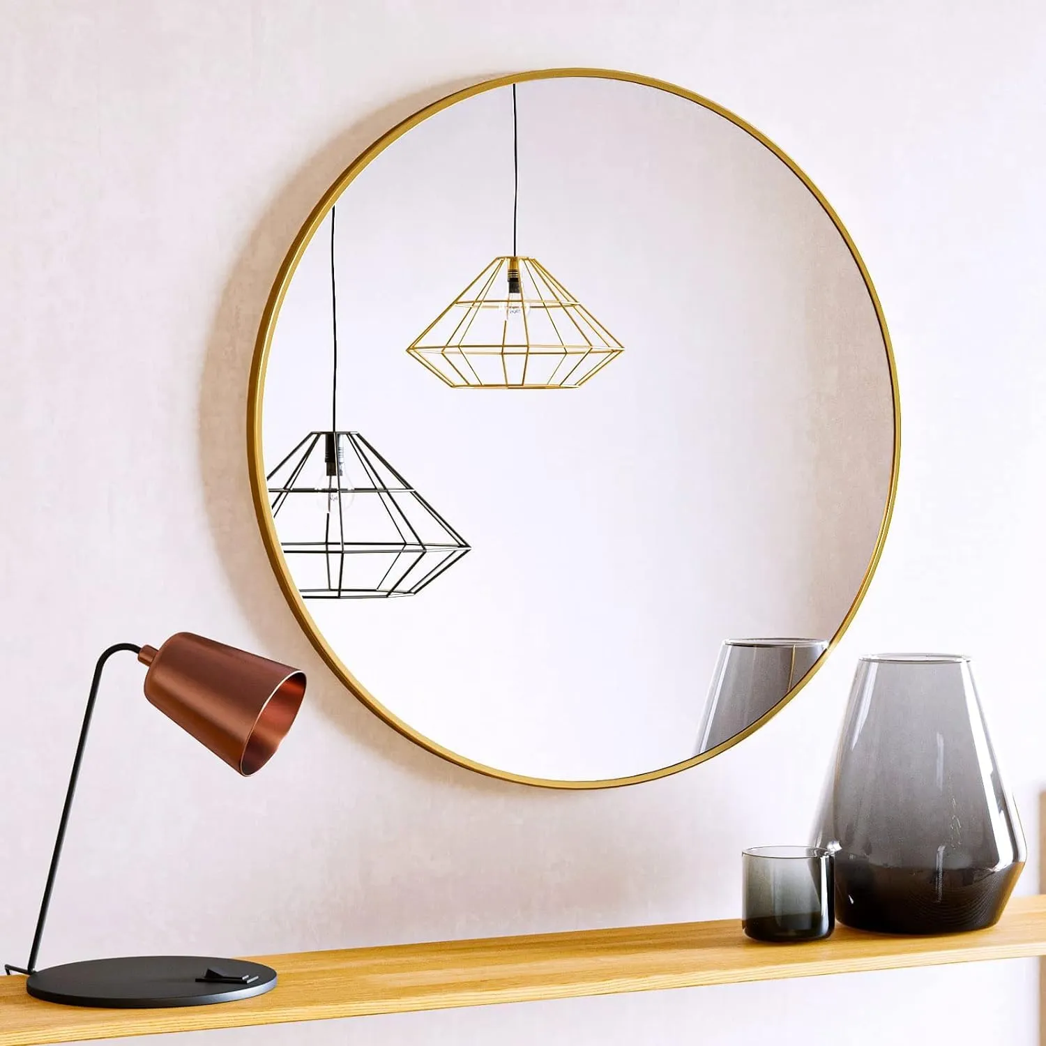 The Artment your artistic apartment Orbit High Definition Round Shape Wall Mirror with Gold Metal Frame for Living Room || Bedroom || Bathroom, Home & Decor with Hanging Stripes (Gold Frame, 16 Inch)