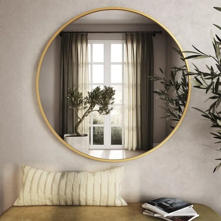 The Artment your artistic apartment Orbit High Definition Round Shape Wall Mirror with Gold Metal Frame for Living Room || Bedroom || Bathroom, Home & Decor with Hanging Stripes (Gold Frame, 16 Inch)