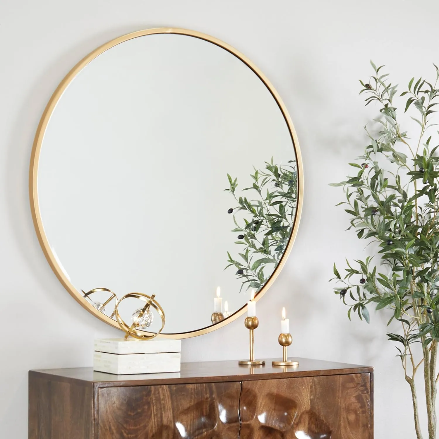 The Artment your artistic apartment Orbit High Definition Round Shape Wall Mirror with Gold Metal Frame for Living Room || Bedroom || Bathroom, Home & Decor with Hanging Stripes (Gold Frame, 16 Inch)