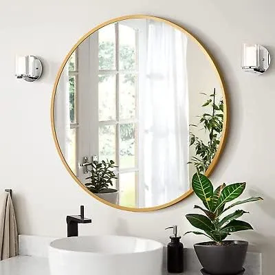 The Artment your artistic apartment Orbit High Definition Round Shape Wall Mirror with Gold Metal Frame for Living Room || Bedroom || Bathroom, Home & Decor with Hanging Stripes (Gold Frame, 16 Inch)