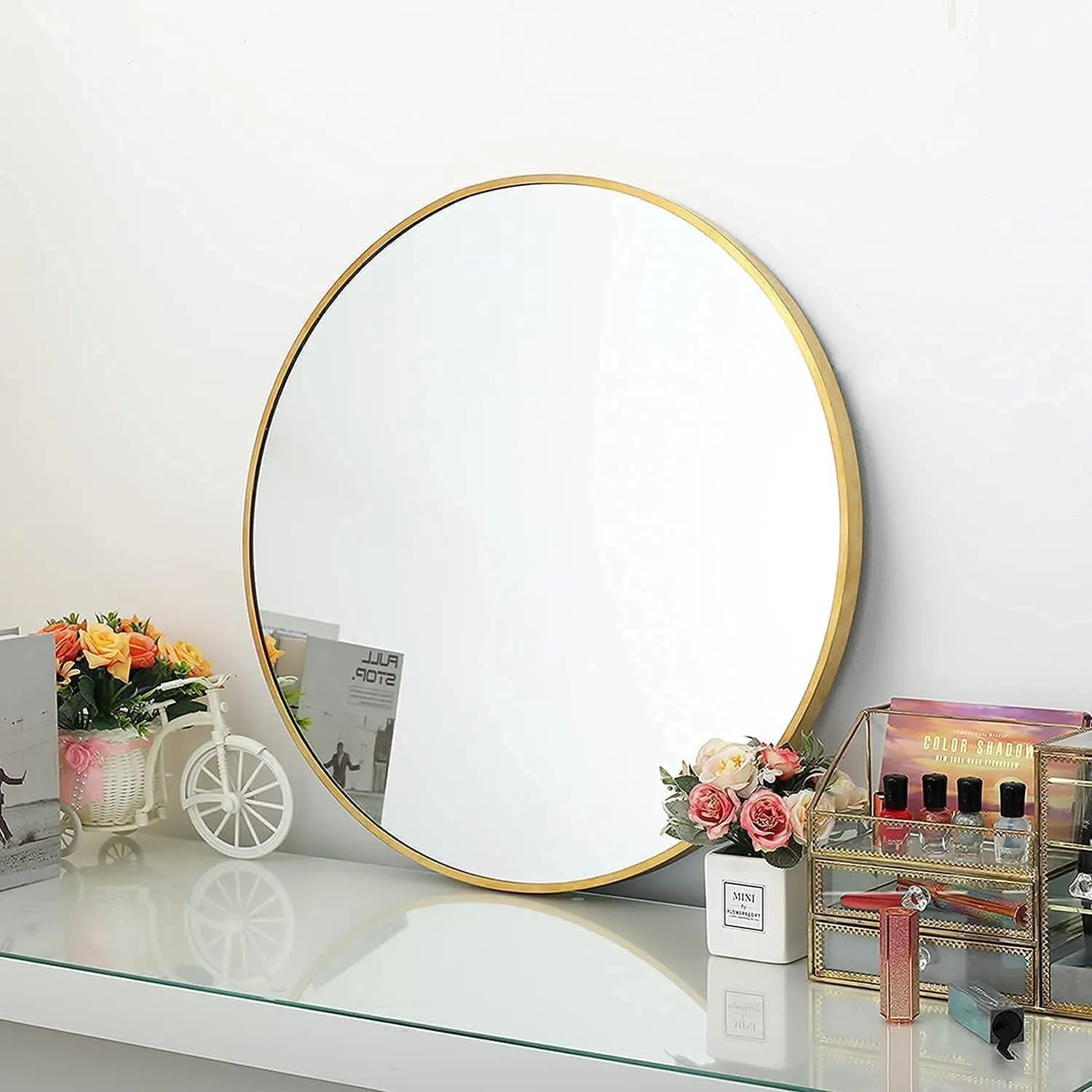 The Artment your artistic apartment Orbit High Definition Round Shape Wall Mirror with Gold Metal Frame for Living Room || Bedroom || Bathroom, Home & Decor with Hanging Stripes (Gold Frame, 16 Inch)