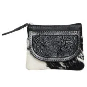 Tooling Leather Cowhide Zip Purse - Black