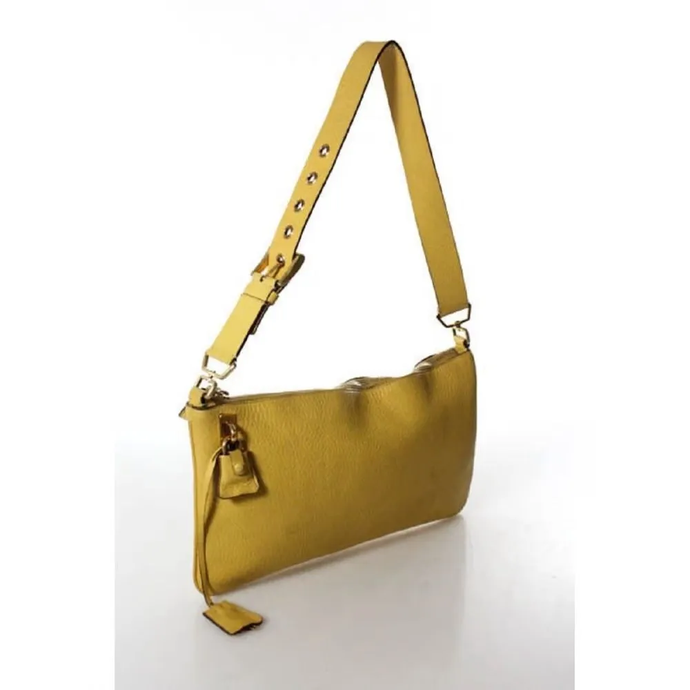 Vintage 90s Prada, yellow grained leather, hobo-style satchel with top zip, gold hardware, & padlock/keys