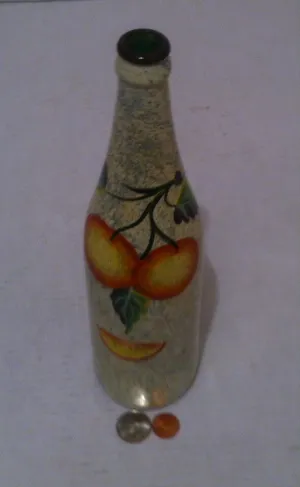 Vintage Glass Bottle, Decorated Fancy Artistic Bottle, Barware, Shelf Display, 11" Tall, Incense Bottle, Shelf Decor, Oranges, Fruit